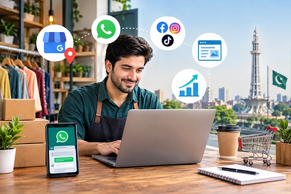 Pakistani small business owner attracting online customers through digital marketing, social media, and e-commerce